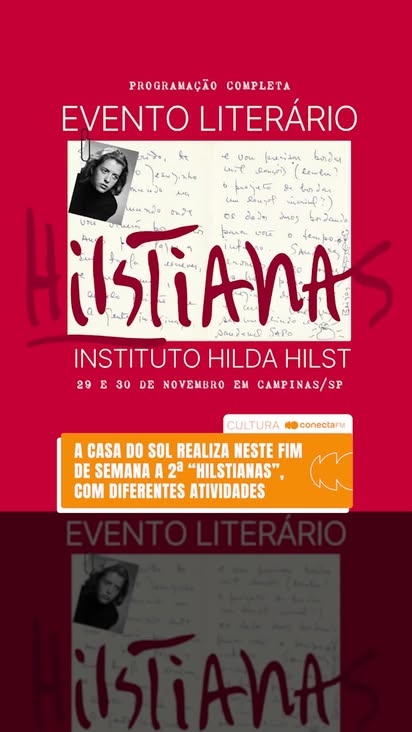 Celebre a genialidade de Hilda Hilst em Campinas! 🌞

Neste sábado (29) e domingo (30), a Casa do Sol, a antiga e linda residência da poeta Hilda Hilst em Campinas (SP), recebe a 2ª edição do festival literário e cultural “Hilstianas”!

Prepare-se para dois dias intensos de cultura e celebração da obra desta gigante da literatura brasileira.

O que esperar?
📖 Feira de livros
🗣️ Conversas com artistas e autores
🧒 Contação de histórias para a criançada
🧘‍♀️ Leituras comentadas e yoga com pets! 🐾
😋 E muita gastronomia!

A Casa do Sol (residência da poeta entre 1966 e 2004) guarda todo o acervo da artista. É o lugar perfeito para homenagear essa mestra!

Marque quem precisa ir com você! 👇

#conectafm #agendacultural #hildahilst #festivalliterario #hilstianos #literatura